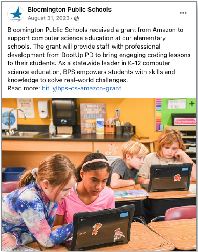 facebook post celebrating the amazon gram to support computer sciences at elementary